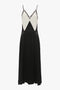 A Victoria Beckham V-Neck Lace Insert Cami Dress In Ivory with thin straps, featuring a black crepe back satin skirt and a white bodice accented with delicate black lace trim.