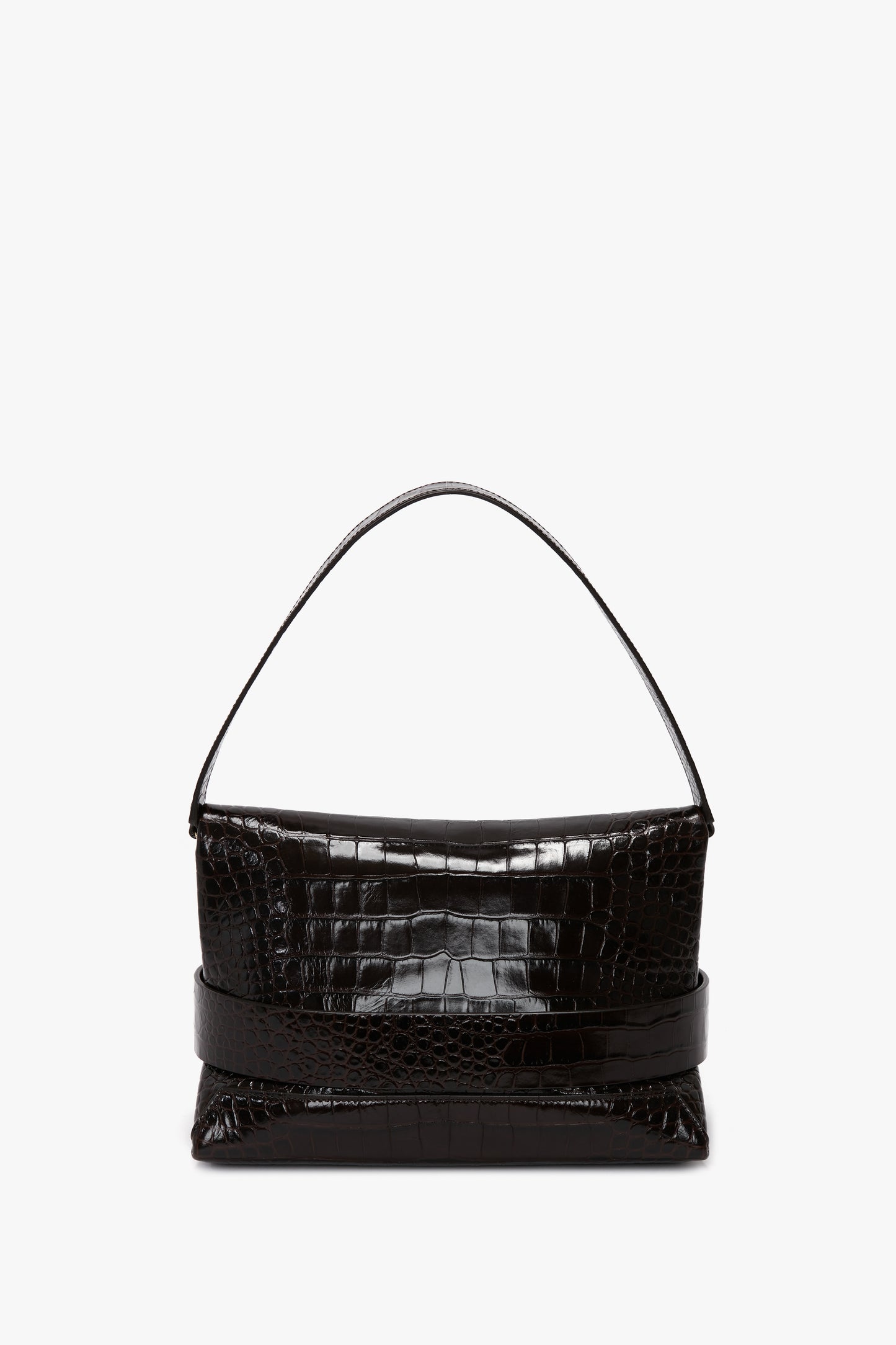 A black, rectangular B Pouch Bag In Croc Effect Espresso Leather crafted from calf leather by Victoria Beckham, with a top handle and detachable shoulder strap, featuring an embossed crocodile print.