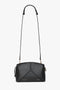 A Victoria Beckham Victoria Crossbody Bag In Black Leather in textured calf leather with gold accents, featuring a geometric design on the front and an adjustable shoulder strap.