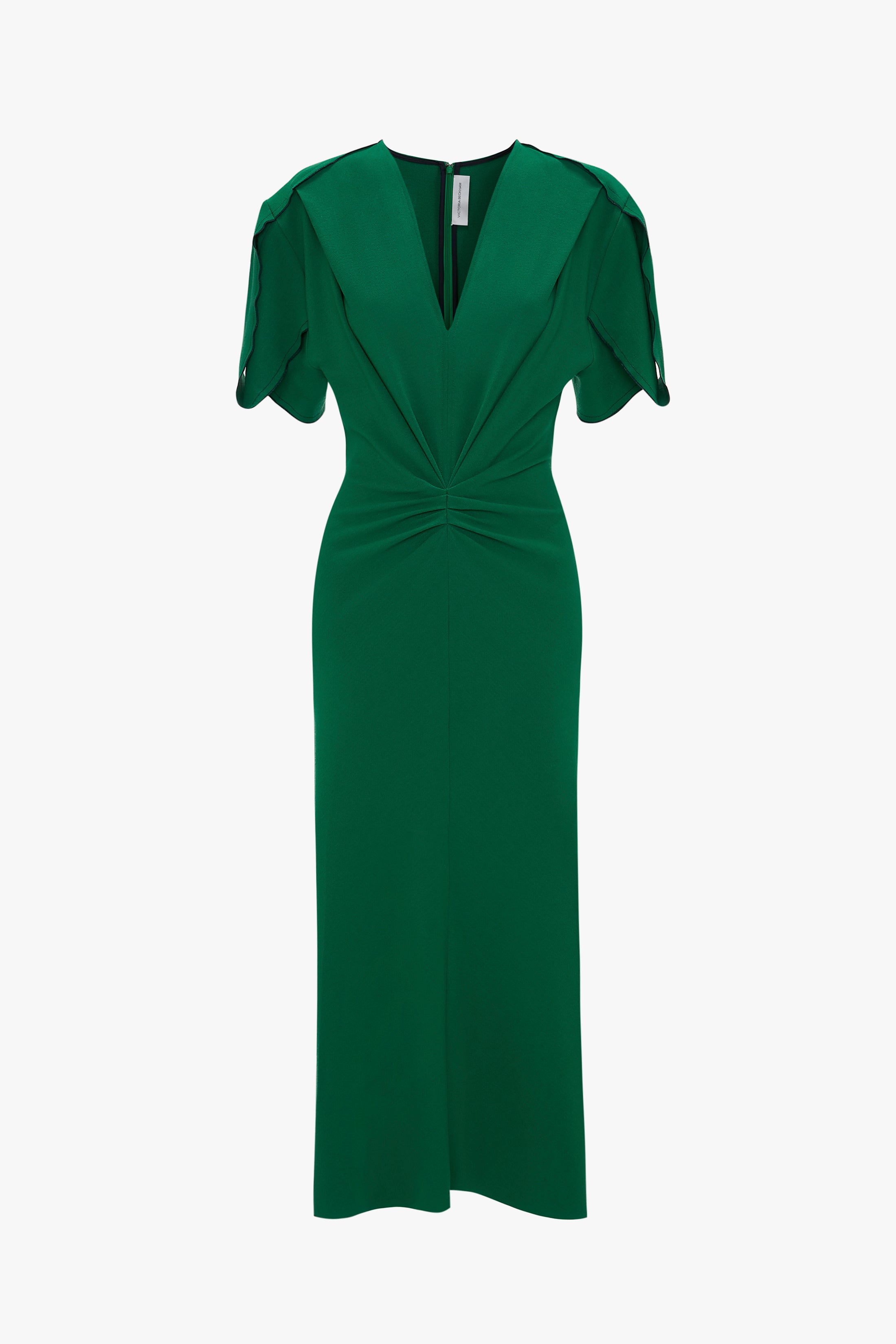 Gathered V-Neck Midi Dress in Emerald – Victoria Beckham UK