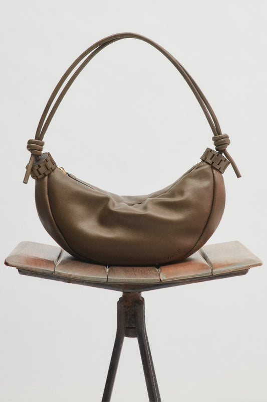 Puffy Half Moon Shoulder Bag In Khaki Leather