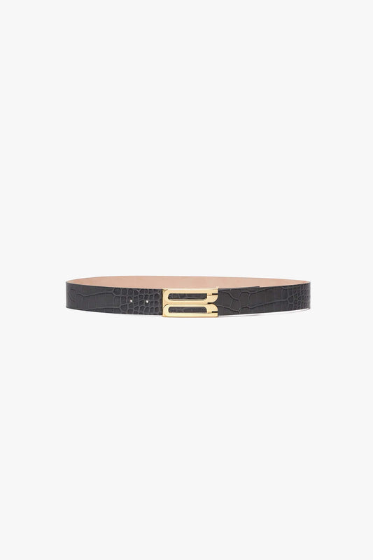 Jumbo Frame Belt In Slate Grey Croc Embossed Calf Leather