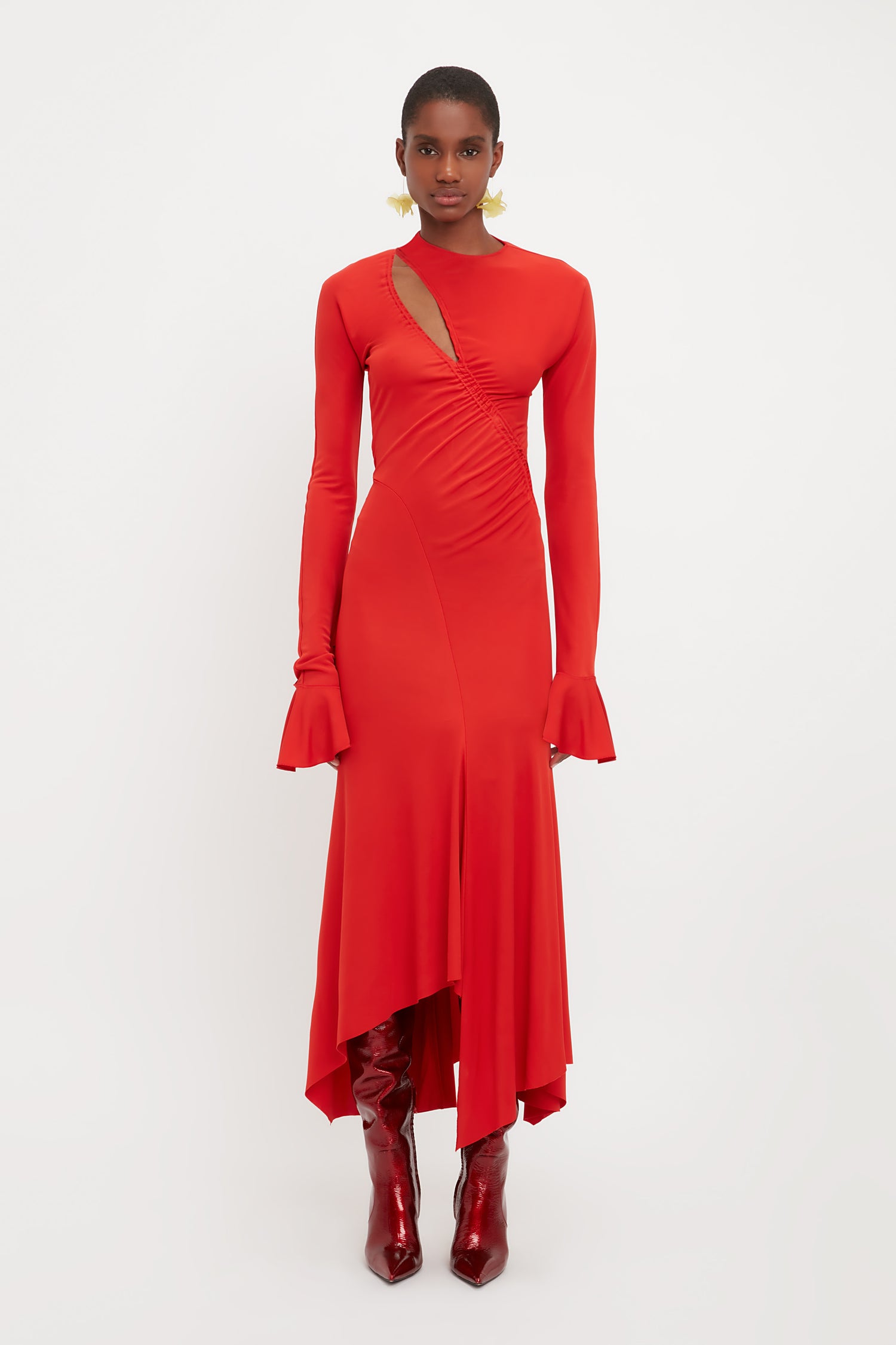 Asymmetric Slash Jersey Dress In Crimson | Victoria Beckham