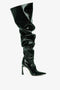 A single dark green, glossy, thigh-high boot with a high heel and a slouchy, ruched design on a white background, featuring a pointed toe for that sophisticated finishing touch—Thigh High Pointy Boot in Dark Green Grained Patent by Victoria Beckham.